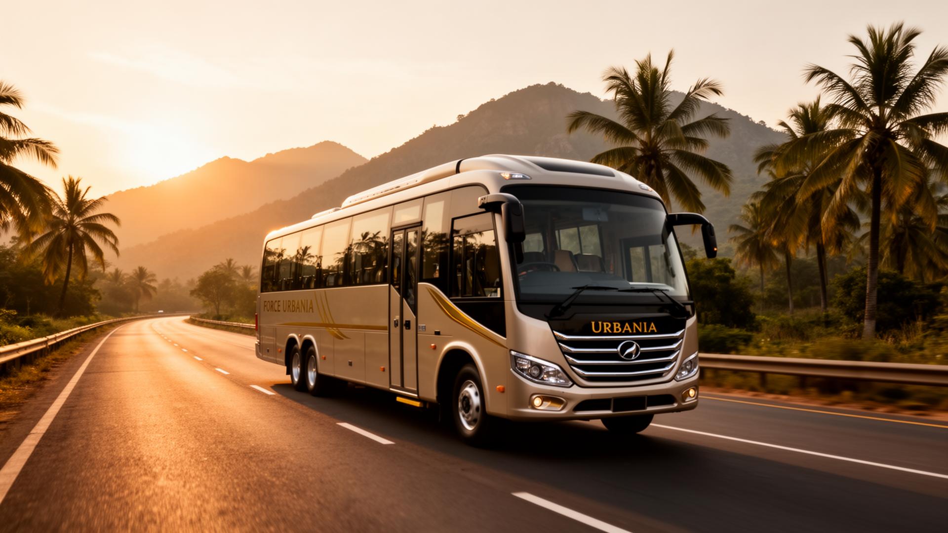 Force Urbania luxury minibus on a scenic Indian highway at golden hour